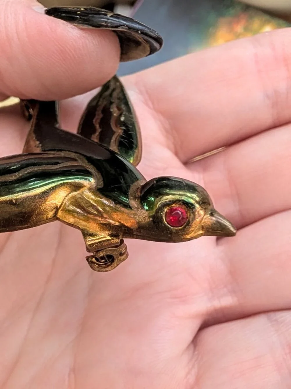 1930's - 1940's RARE Large Sparrow Brooch, Gold & green tone 2.75
